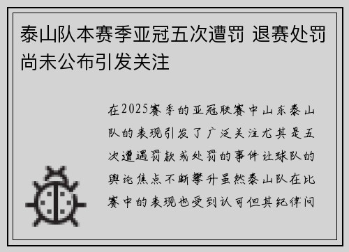 泰山队本赛季亚冠五次遭罚 退赛处罚尚未公布引发关注